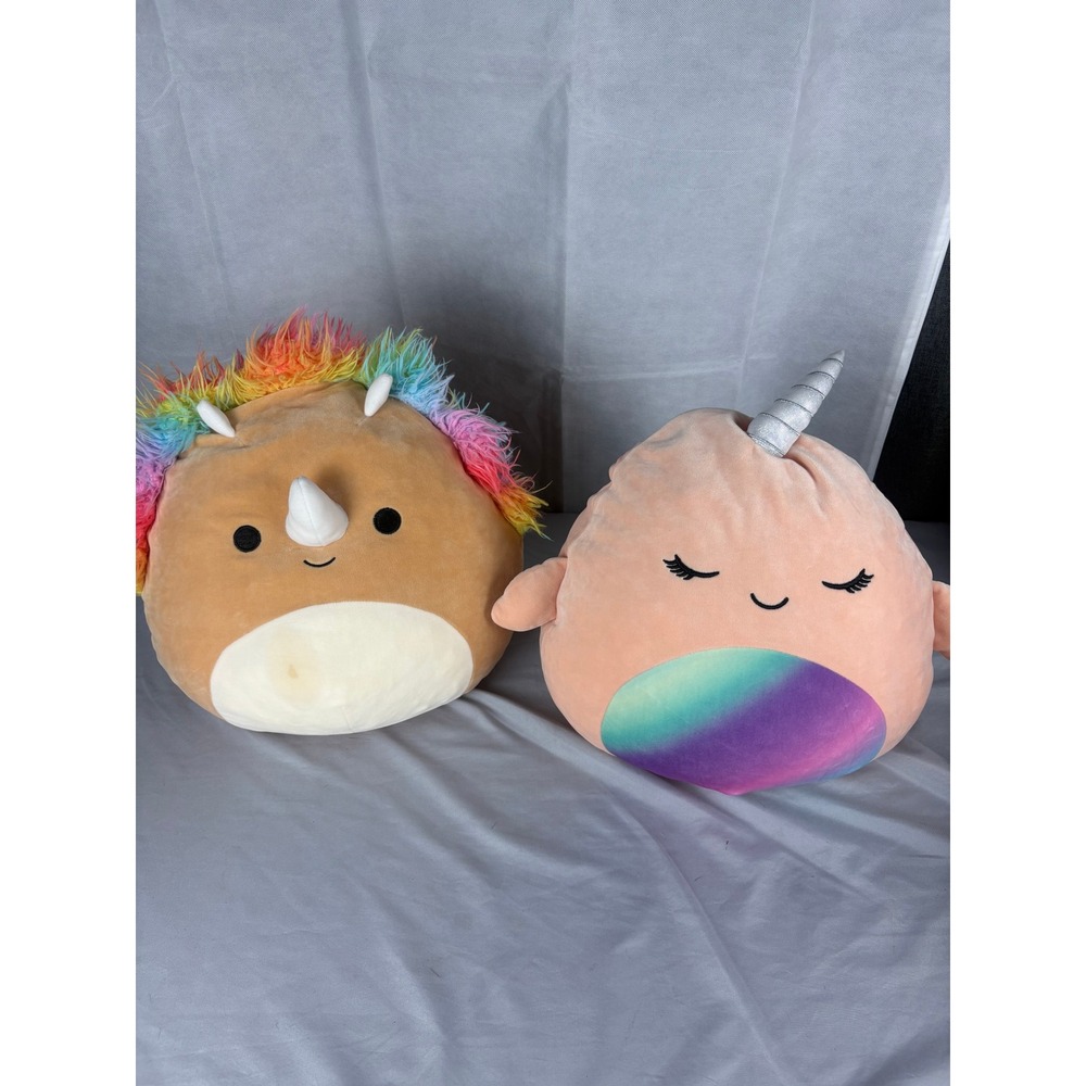 Squishmallows Jerome Triceratops Naomi Narwhal Plush Bundle Rainbow Tan Peach